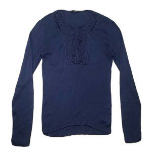 Gucci Women's Long Sleeve V-Neck Sweater Large Blue Ribbed Pullover